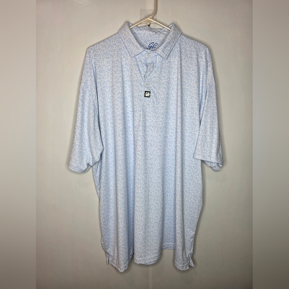 White With Light Blue Pattern Mens Golf Polo, Size 3XL